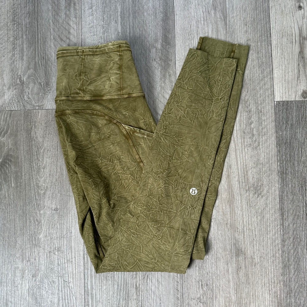 Lululemon Olive Green Crinkle High Rise Leggings Pockets Women's Size 4